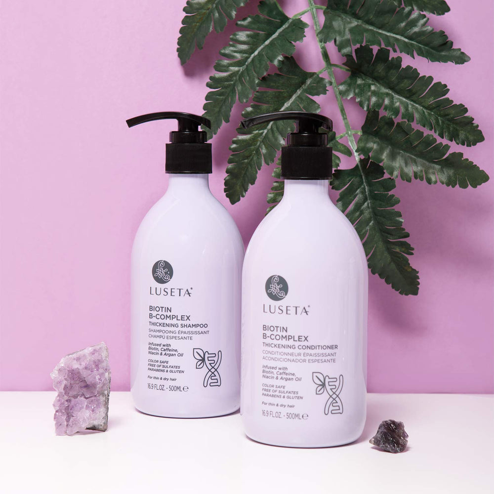 L LUSETA close-up label with biotin, caffeine and argan oil highlighted