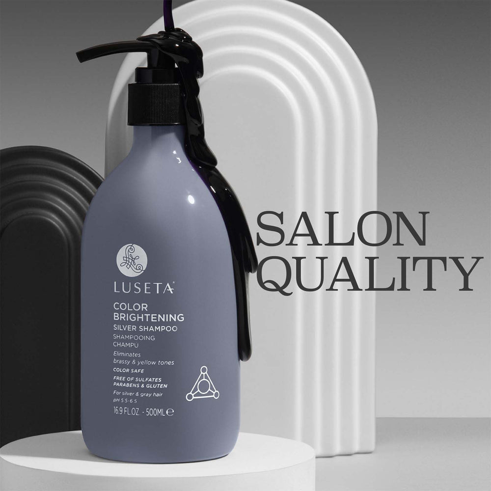 L LUSETA shampoo being poured and lathered, demonstrating easy application and pigment action