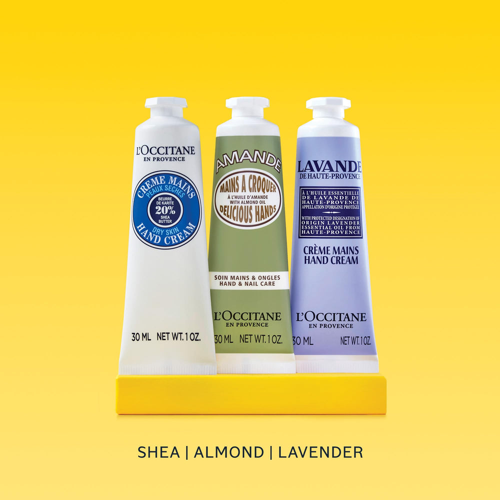L'Occitane almond cream being squeezed, showing silky finish and indulgent fragrance benefit
