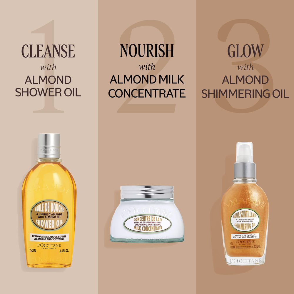Applying L'OCCITANE almond shimmering oil to forearm for soft sheen and hydrated look