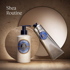 L'Occitane bottle beside calendula and shea butter highlighting soothing natural ingredients
