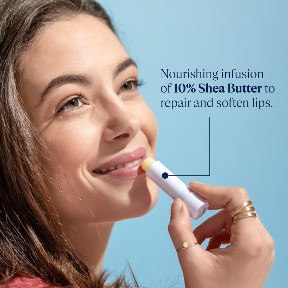 L'OCCITANE balm applied to lips demonstrating immediate softening effect