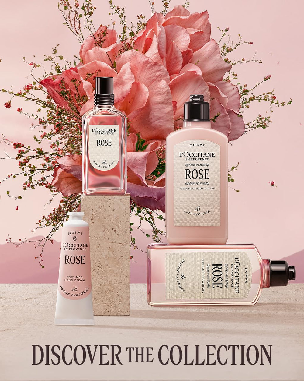 L'Occitane on a vanity with rose petals conveying luxurious fragrance and everyday elegance
