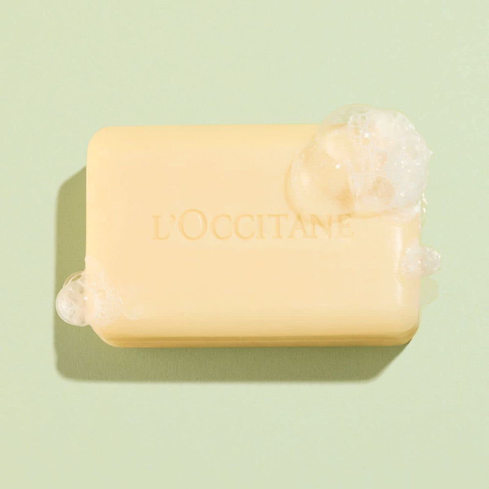 L'Occitane Shea Verbena soap texture close-up highlights creamy bar and softening benefit