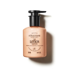 L'OCCITANE front view of verbena shea lotion bottle showing product clarity and size