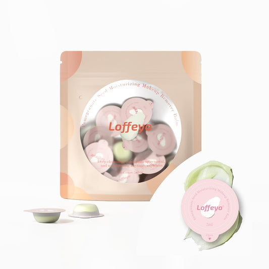 Loffeyo front packaging showing 30 travel cleansing balm pods and benefits