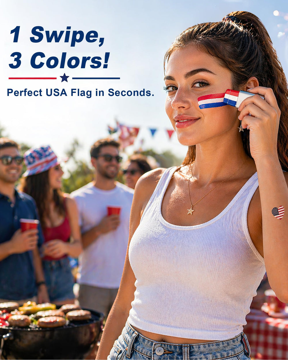 LOGNEW applying tri-color stripe to cheek, quick patriotic look for events