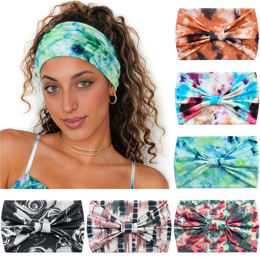 Loiluliy front view of six tie-dye headbands showing colors and pack benefit