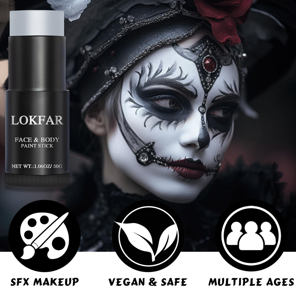LOKFAR applying grey paint stick to cheek for quick, even coverage and easy control