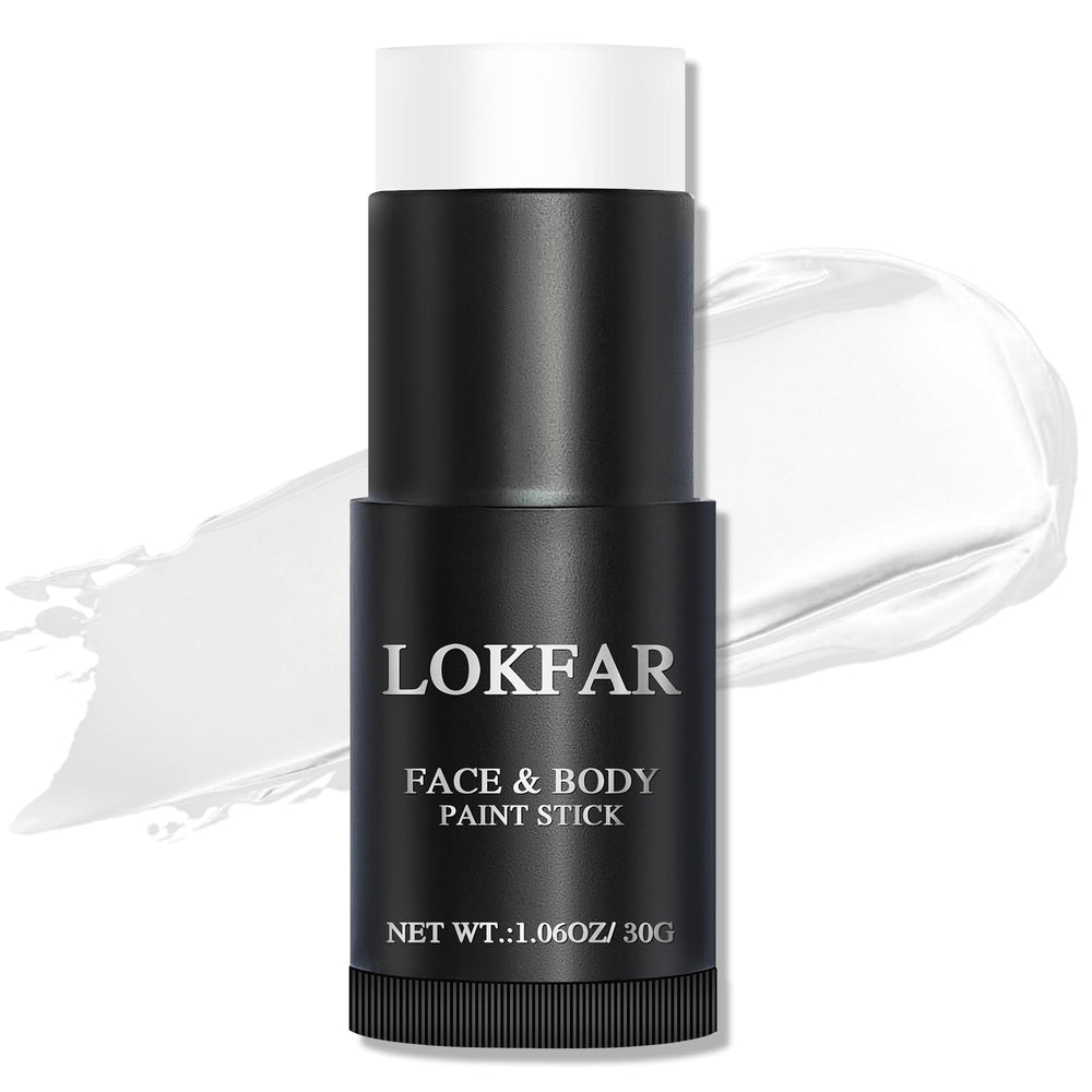 LOKFAR front view of white paint stick showing label and full-coverage benefit