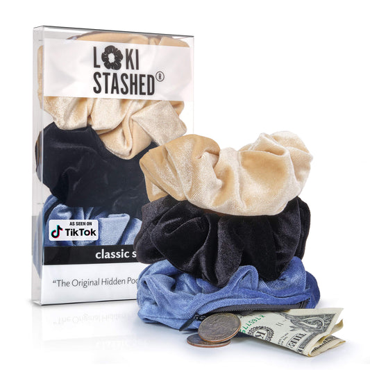 LokiStashed front view of three velvet scrunchies showing colors and style, versatile accessory