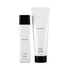 LolaVie front packaging showing the restorative shampoo and conditioner benefits