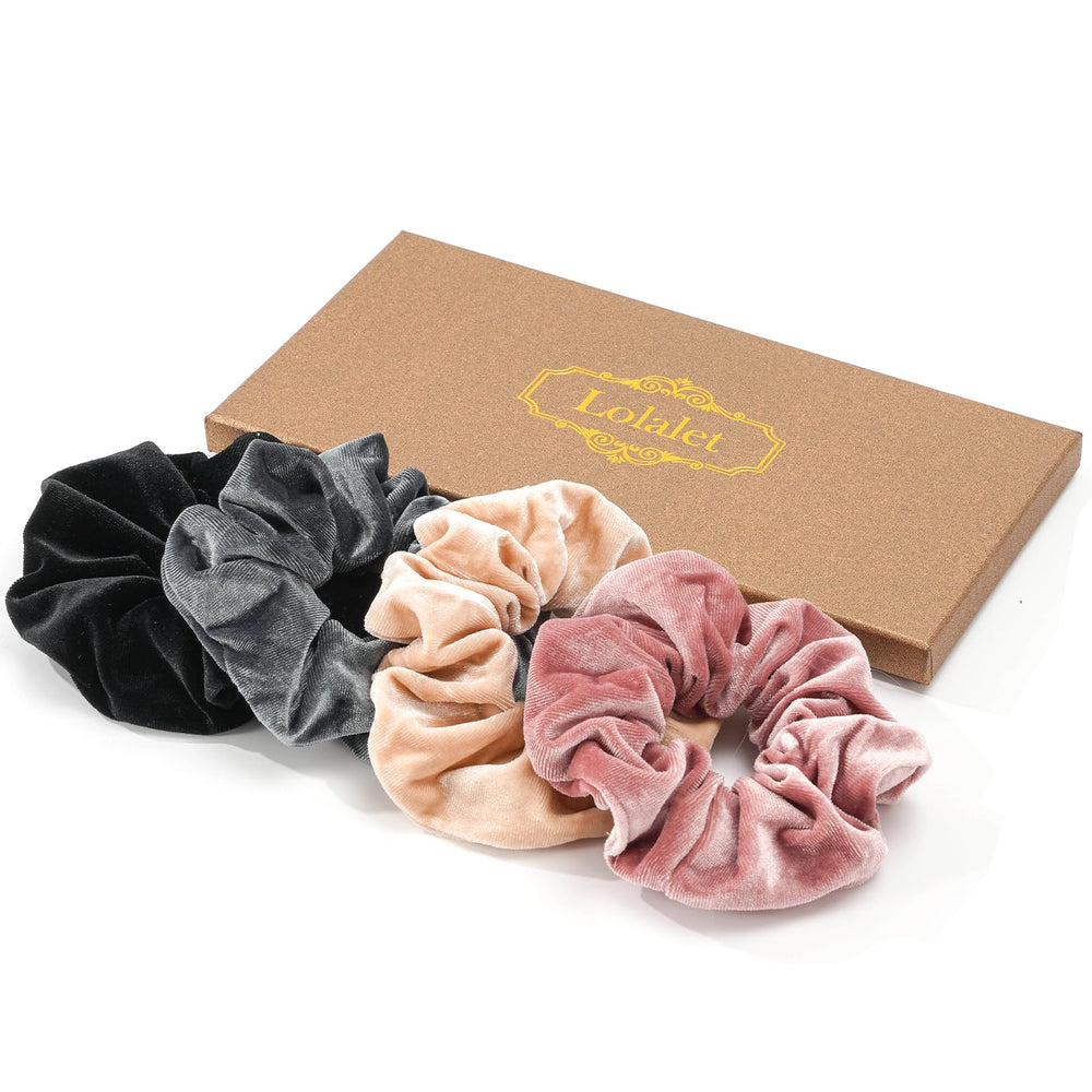 Lolalet front packaging showing four velvet scrunchies and box, gift-ready