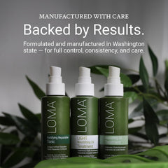 LOMA bottle on bathroom shelf showing everyday grooming use and clean-formula appeal