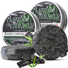 Loobexery front packaging showing two bamboo charcoal shampoo bars and benefits