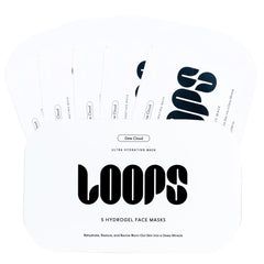 LOOPS front packaging showing five hydrogel masks and benefits