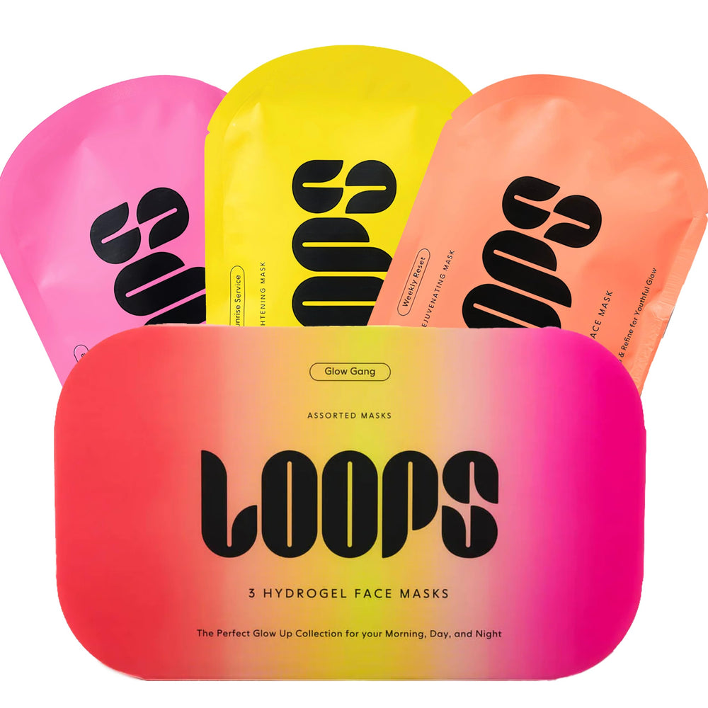 LOOPS front packaging showing three hydrogel mask sachets and benefits