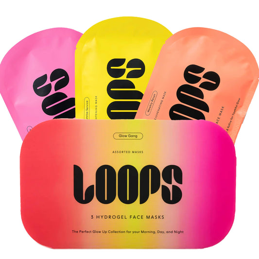 LOOPS front packaging showing three hydrogel mask sachets and benefits
