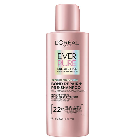 L'Oreal Paris front packaging of Bond Repair+ pre-shampoo showing product benefit