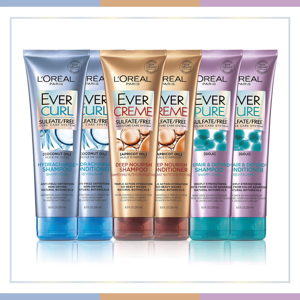 L'Oreal Paris EverPure before and after hair comparison showing stronger, smoother strands