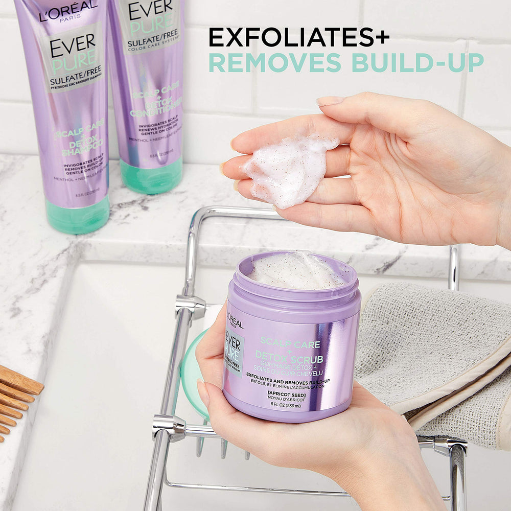 L'Oreal Paris EverPure scrub in hand demonstrating grain size and easy application benefit