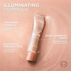 L'Oreal Paris applying Lumi Glotion to cheek for highlighted, lifted appearance