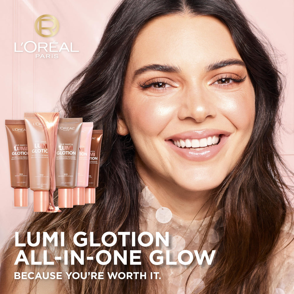 L'Oreal Paris Lumi Glotion dropper dispensing a luminous drop for precise application