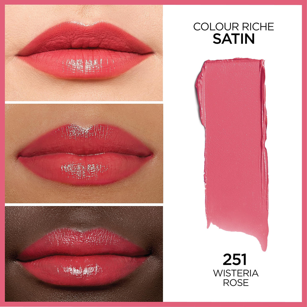 L'Oreal Paris lipstick bullet close-up revealing creamy satin texture benefit