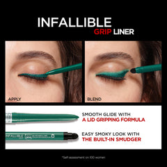 L'Oreal Paris emerald green liner applied on model enhancing eye definition