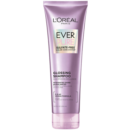 L'Oreal Paris front bottle showing EverPure glossing shampoo and sleek packaging benefit shine