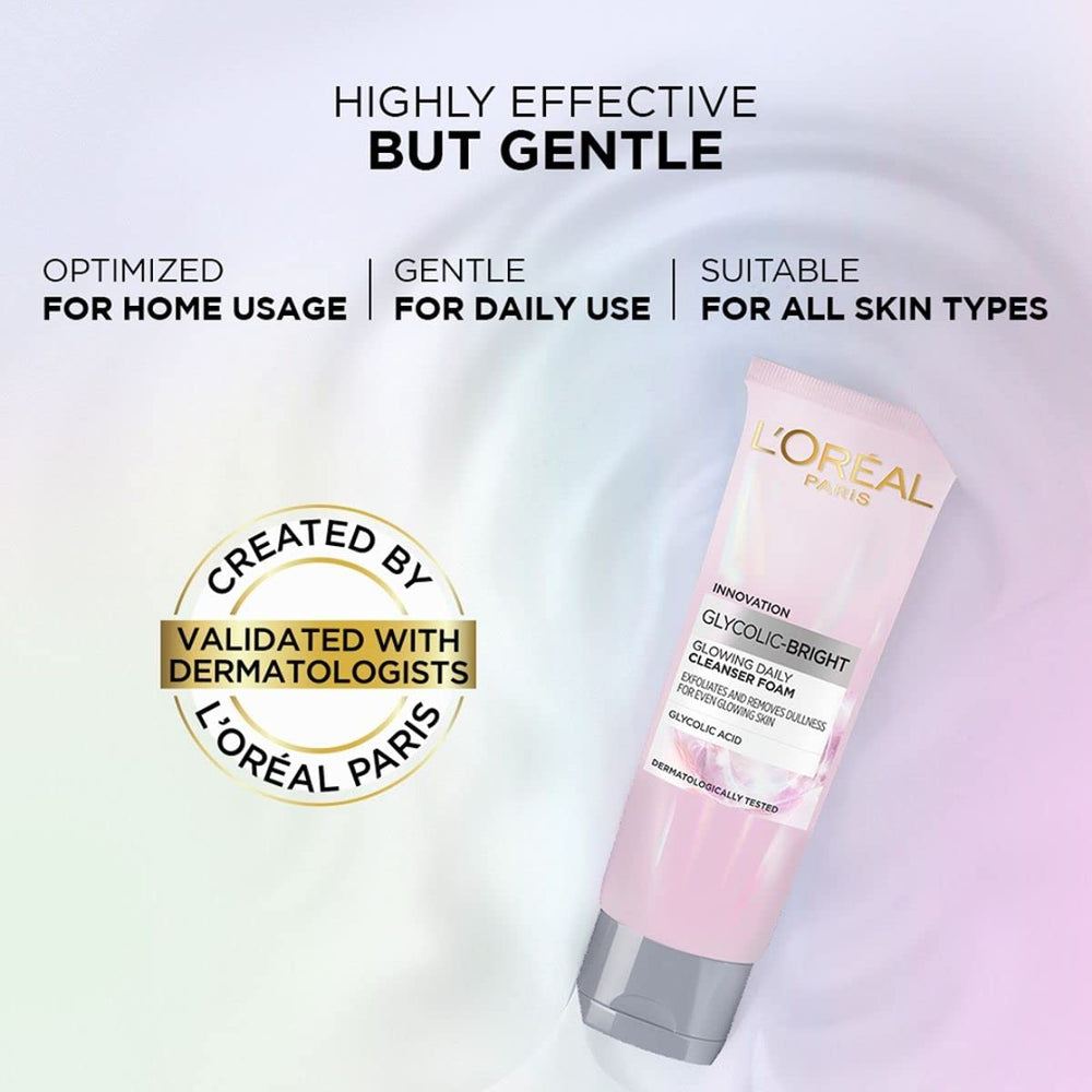 L'Oreal Paris glycolic cleanser foam texture showing gentle lather benefit