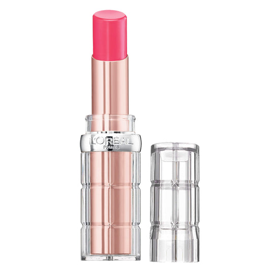 L'Oreal Paris lipstick front view showing guava-plump shade and glossy finish benefit