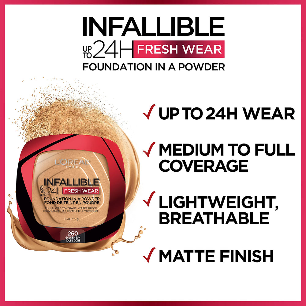 L'Oreal Paris powder being applied with brush delivering matte, buildable coverage