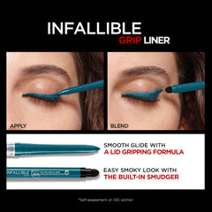 L'Oreal Paris swatch of turquoise on skin showing saturated pigmentation and payoff
