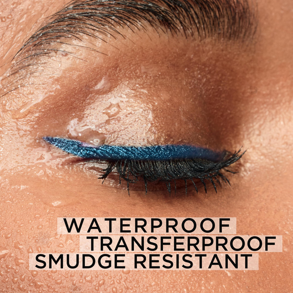 L'Oreal Paris blue swatch stroke showing rich pigment and waterproof finish