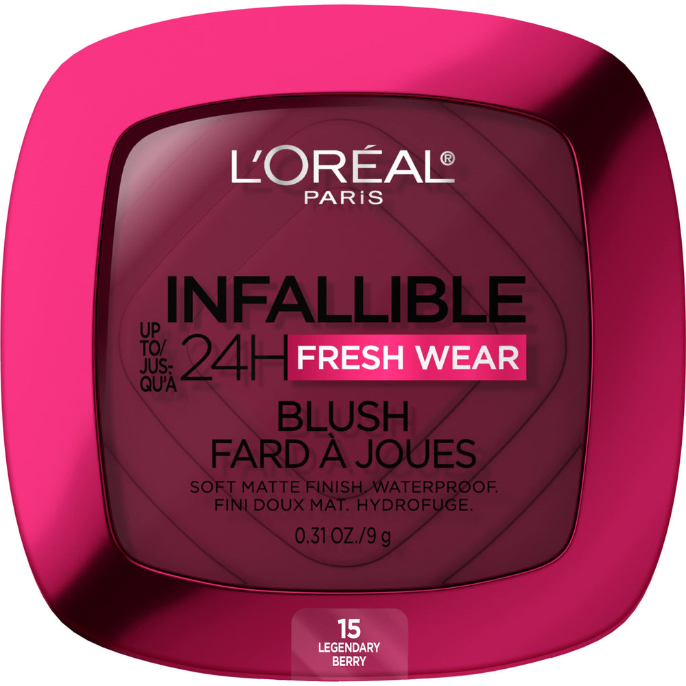 L'Oreal Paris compact front view showing legendary berry shade and sleek packaging benefits longwear