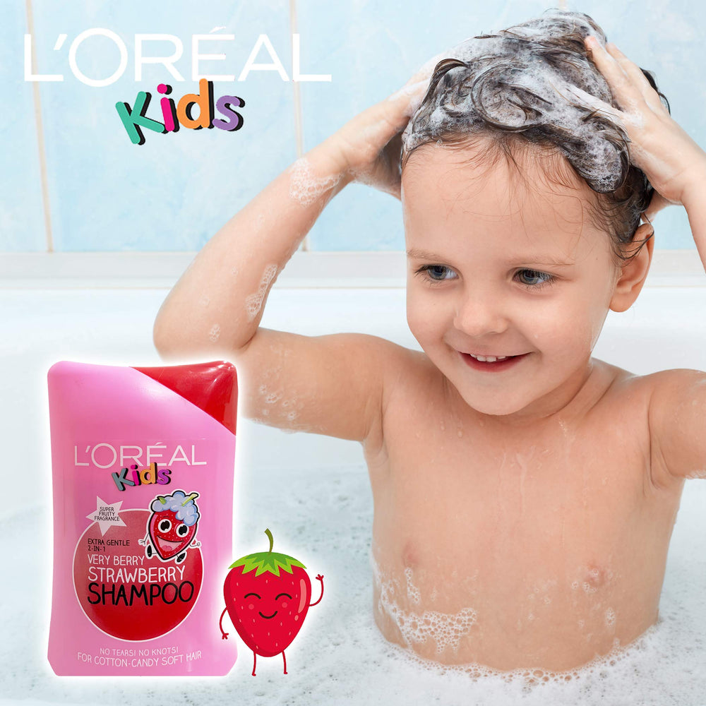 L'Oreal Paris Kids shampoo in bath scene with child and caregiver, demonstrating quick tear-free use