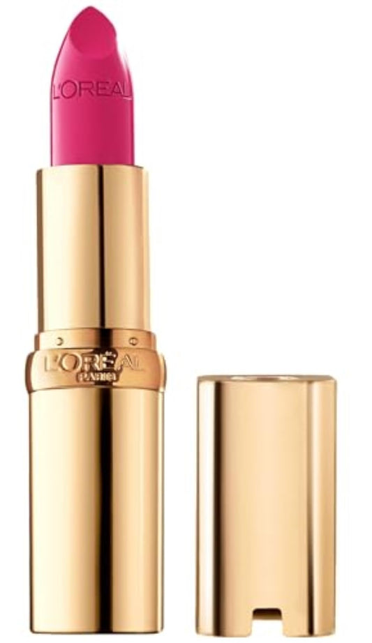 L'Oreal Paris lipstick front view showing Miss Magenta rich color and elegant packaging benefits hydration