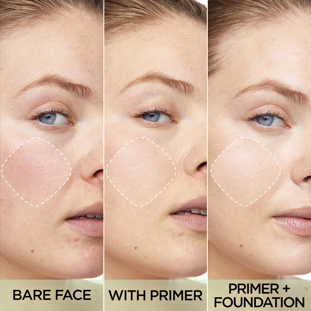 L'Oreal Paris primer swatched on hand demonstrating redness neutralizing effect