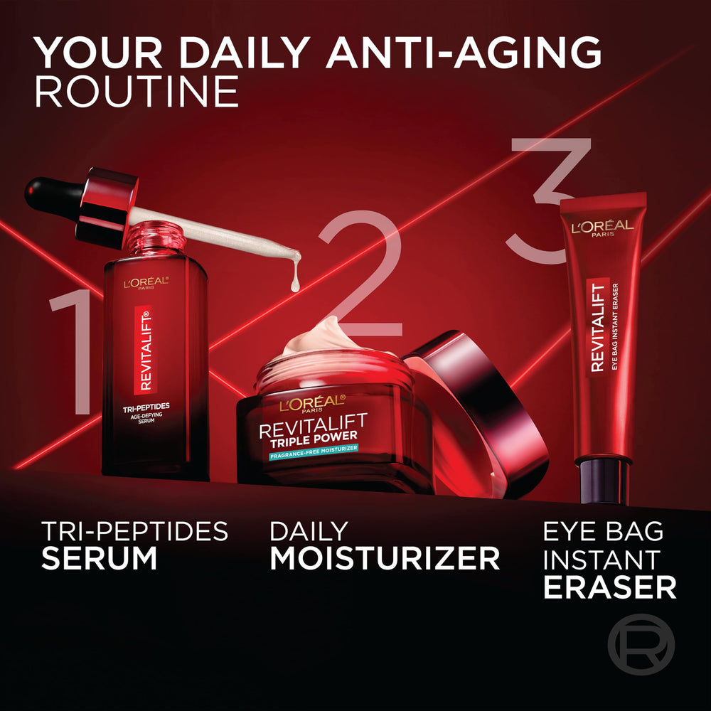 L'Oreal Paris ingredient display with vitamin C and hyaluronic visuals for brightening benefit