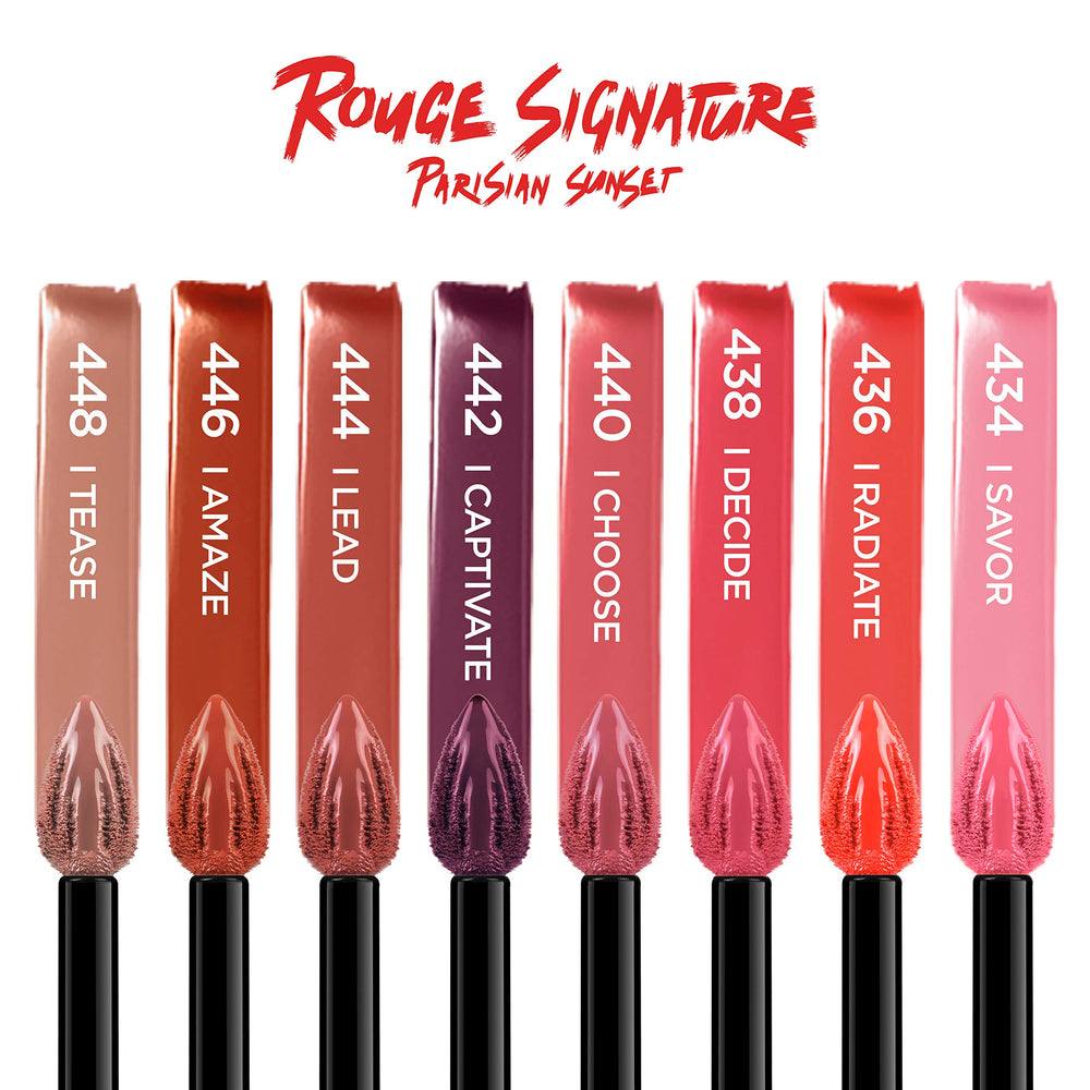 L'Oreal Paris product swatches on skin demonstrating eight sunset-inspired shades benefit easy shade selection