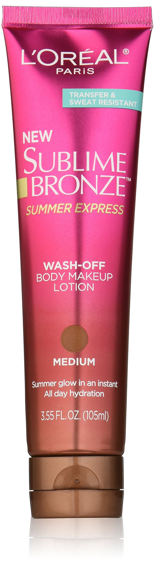 L'Oréal Paris bottle front view showing label and medium shade for instant bronzing