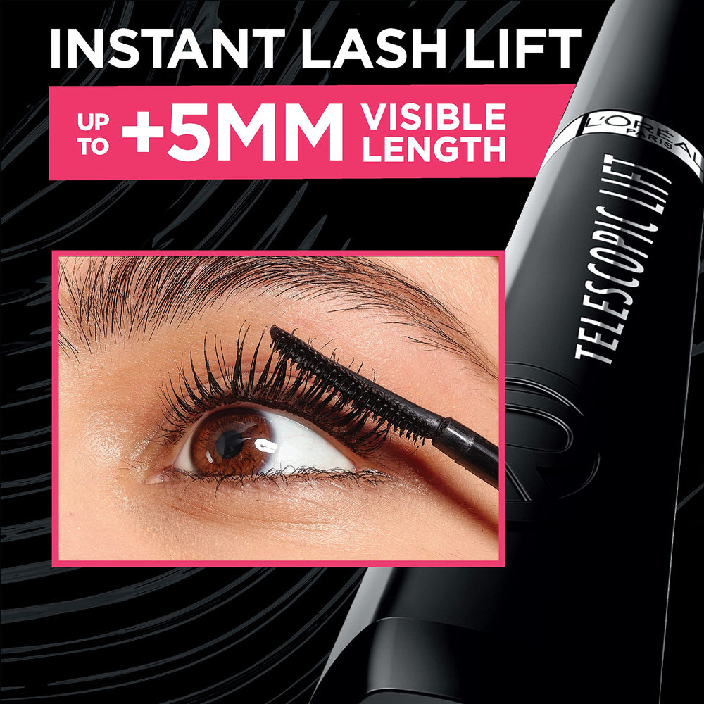 L'Oreal Paris Telescopic Lift black swatch on skin illustrating rich black pigment payoff