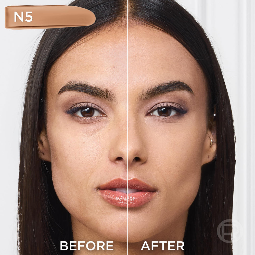 L'Oreal Paris swatch on skin illustrating true-to-skin match and natural finish benefit