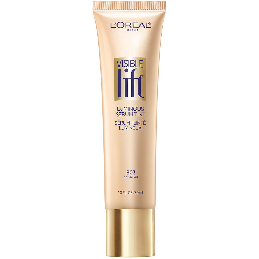 L'Oreal Paris bottle front view showing gold-tinted serum and label benefit