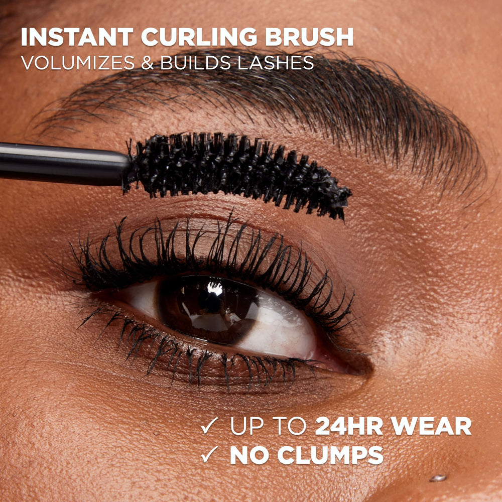Model wearing L'Oreal Paris Voluminous mascara demonstrating lifted, fuller lash effect