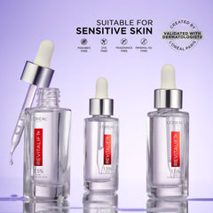 L'Oreal Paris product label close-up listing hyaluronic acid and vitamin C