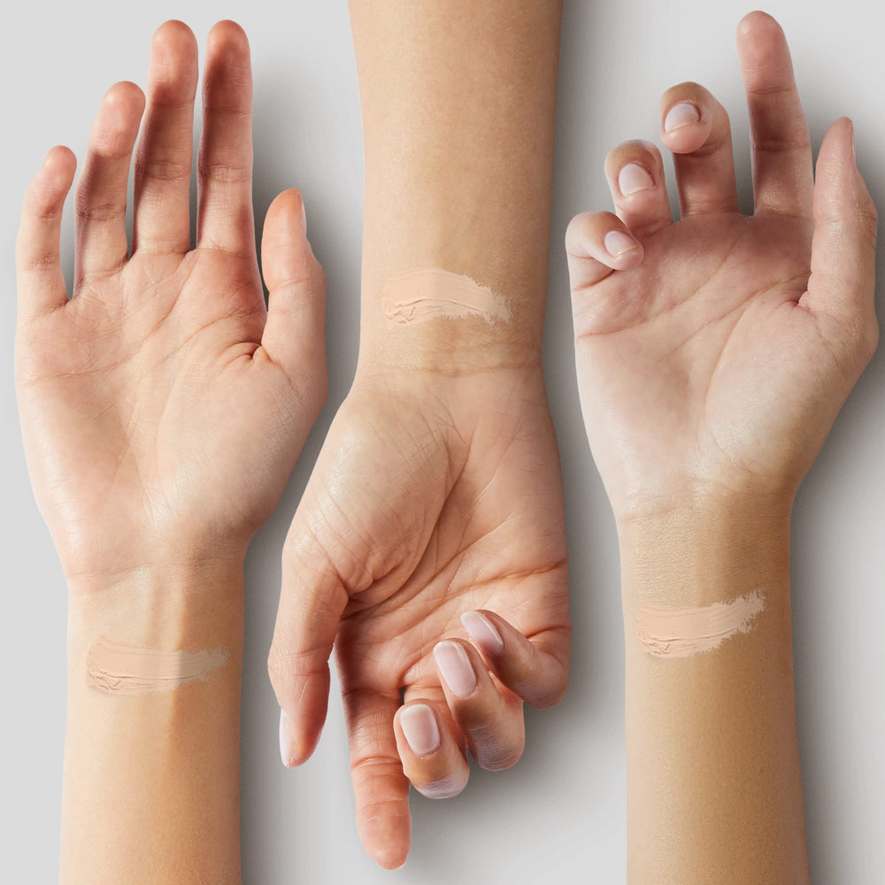 L'Oreal Paris side-by-side blended cheek comparison showing even coverage and diffused imperfections