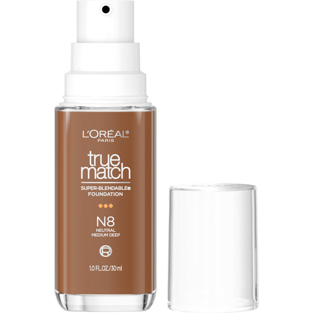 L'Oreal Paris front packaging of True Match N8 Medium Deep showing shade and pump, convenient daily use