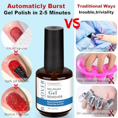 Hand applying LOUINSTIC gel remover to nail demonstrating fast 2–5 minute lift